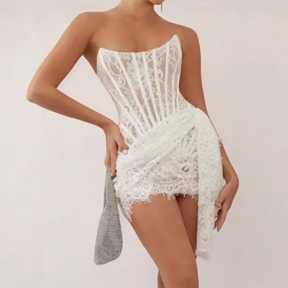 White Lace Corset Draped Mini Dress